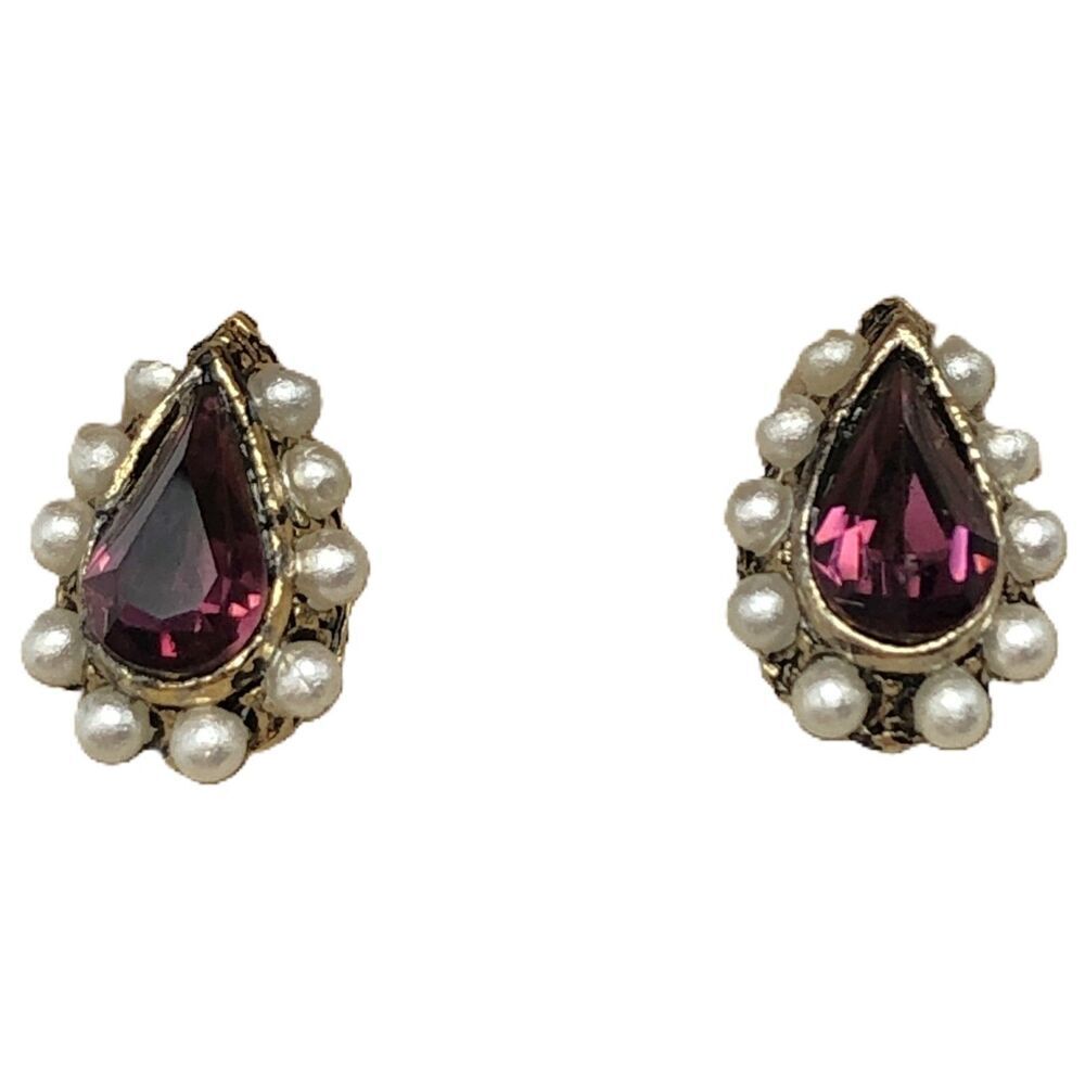 Vintage Pear Cut Amethyst Rhinestone Earrings w Seed Pearl Halo Original Box
